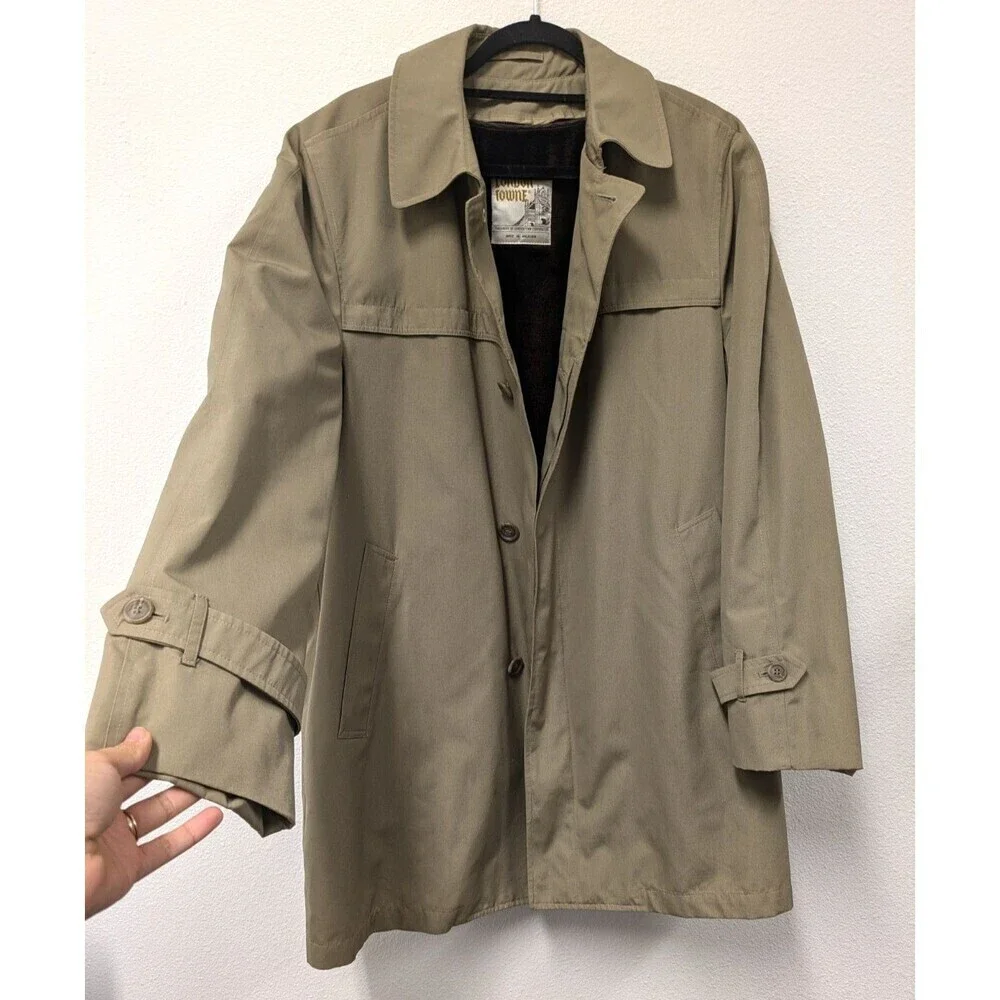 Vintage London Fog Towne Mens Tan Trench Coat Teddy Brown Faux Fur Lining sz 42R
